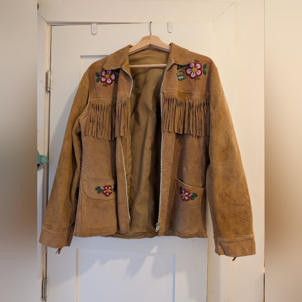 Embroidered Tan Suede Jacket with Fringe